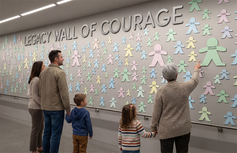 Family viewing ChildSafe's Legacy Wall of Courage